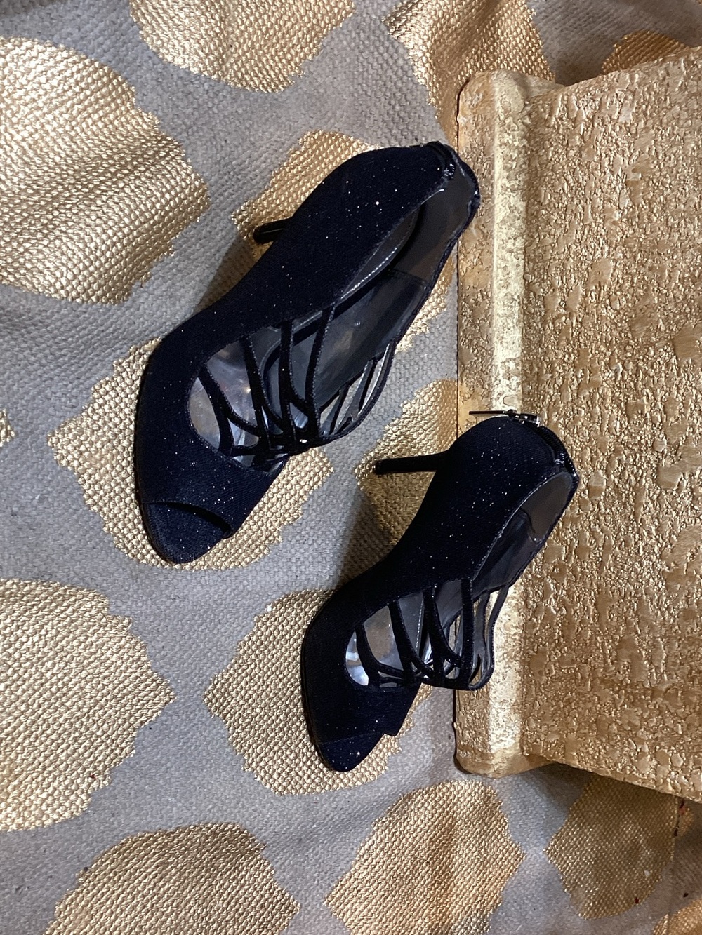 Nina Black Glitter Strappy Peep-Toe Heels